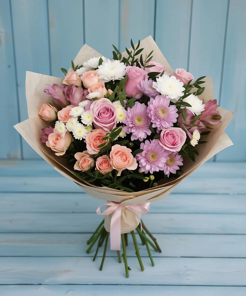 Букет цветов из: Хризантемы, Розы и Альстромерии в Сколково