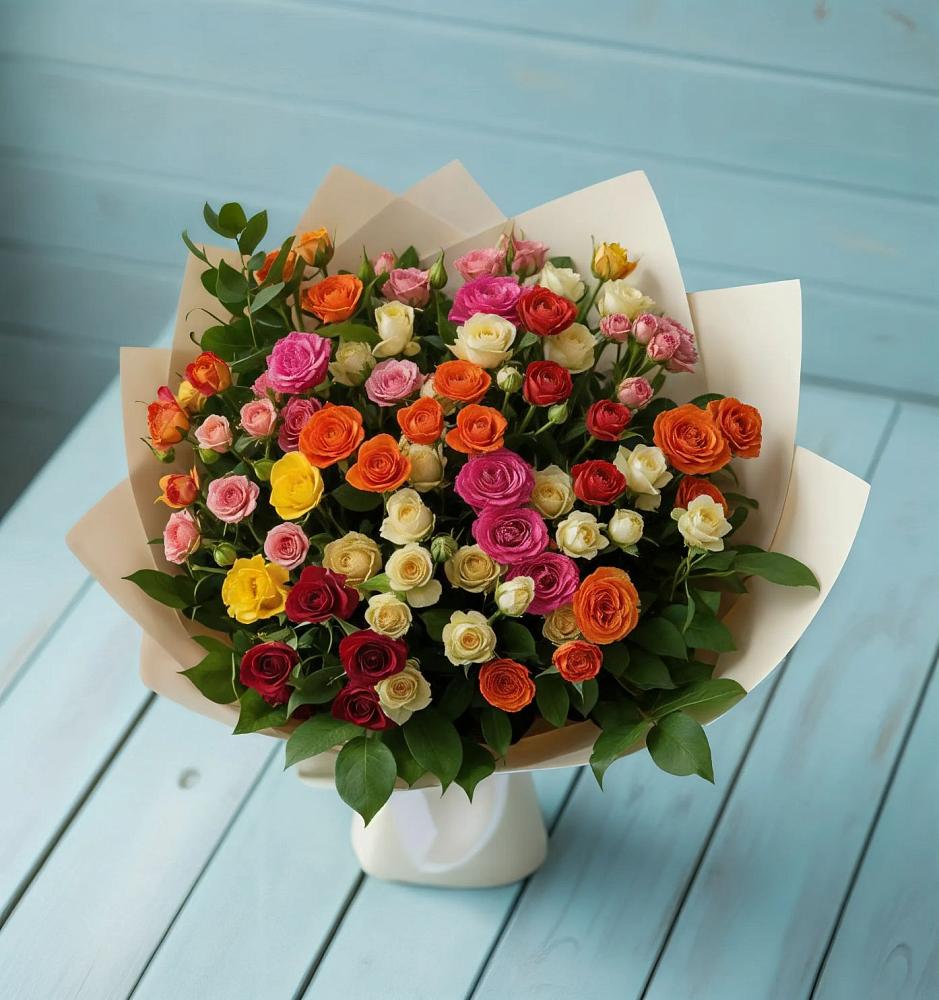 Букет Микс из разноцветных кустовых роз в Сколково