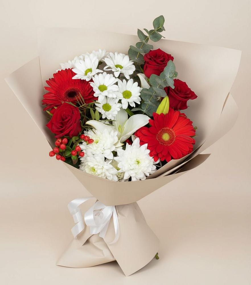 Букет цветов из: Розы, Хризантемы, Герберы и Лилии в Сколково